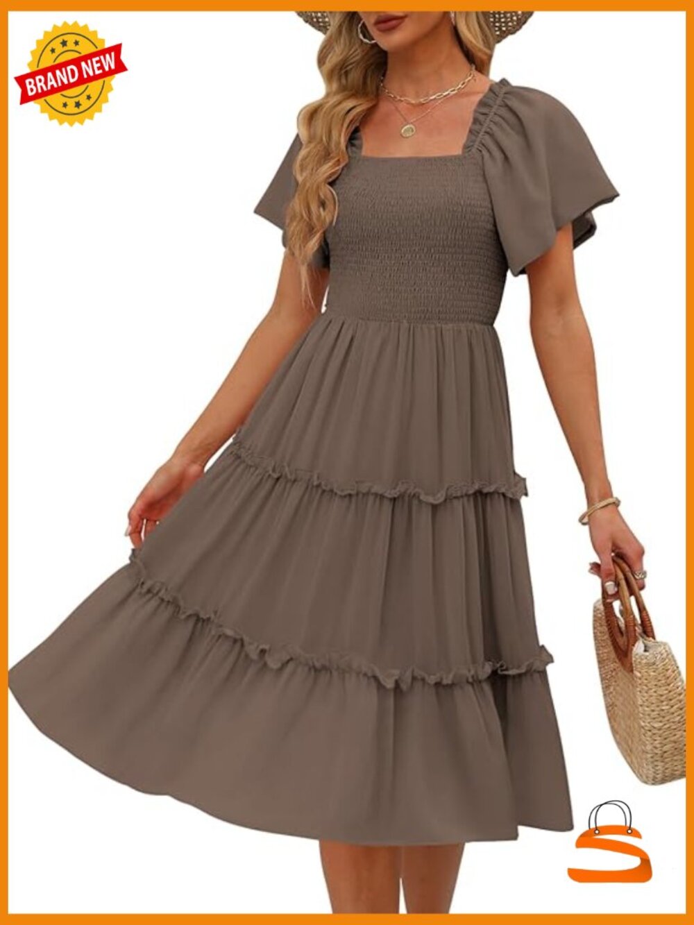 Flutter Sleeve Square Neck Smocked Midi Dress - Summer Casual